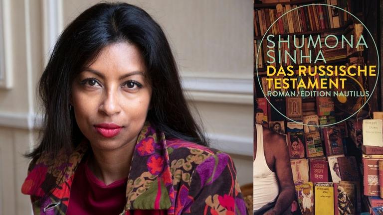 Shumona Sinha: "Das russische Testament" Zu sehen sind die Autorin und das Buchcover