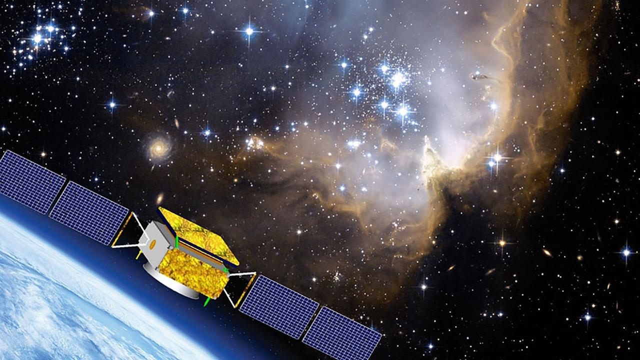 Computergrafik des DAMPE-Satellits im Erdorbit