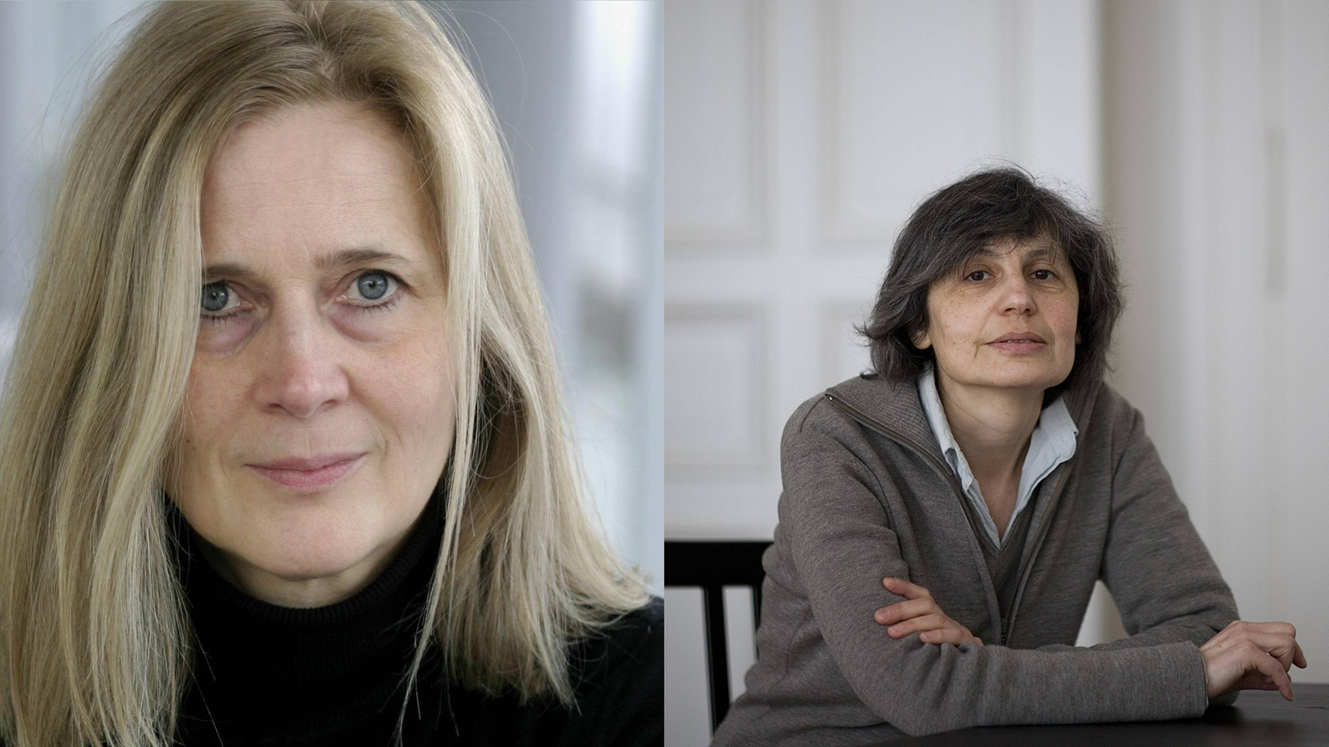 Eine Collage zweier Farbportäts der Schriftstellerinnen Katarina Frostenson und Cécile Wajsbrot
