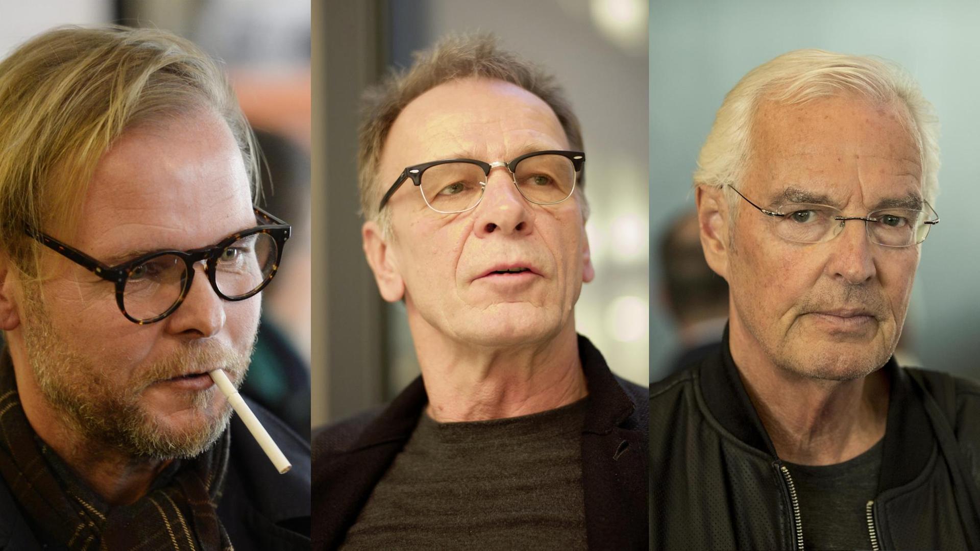 Die drei Köpfe der Schriftsteller sind nebeneinander montiert, alle tragen eine Brille.