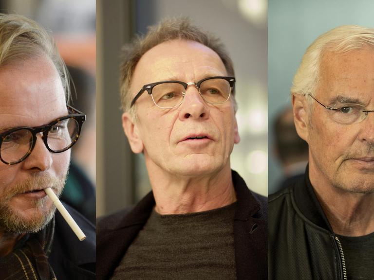 Die drei Köpfe der Schriftsteller sind nebeneinander montiert, alle tragen eine Brille.