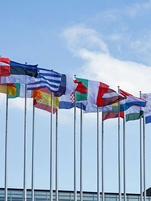 Europäische Nationalflaggen wehen am 10.10.2015 vor dem Hauptsitz des Europäischen Parlaments im französischen Straßburg.