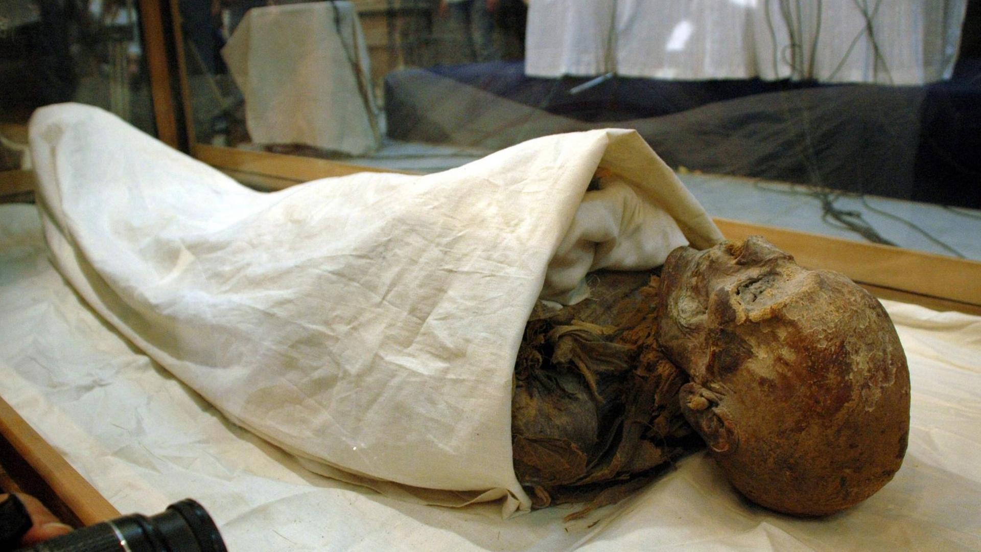 Eine Mumie ist zum Teil in ein weißes Tuch eingewickelt. Es handelt sich um den Leichnam von der alt-ägyptischen Herrscherin Hatschepsut in Kairo.