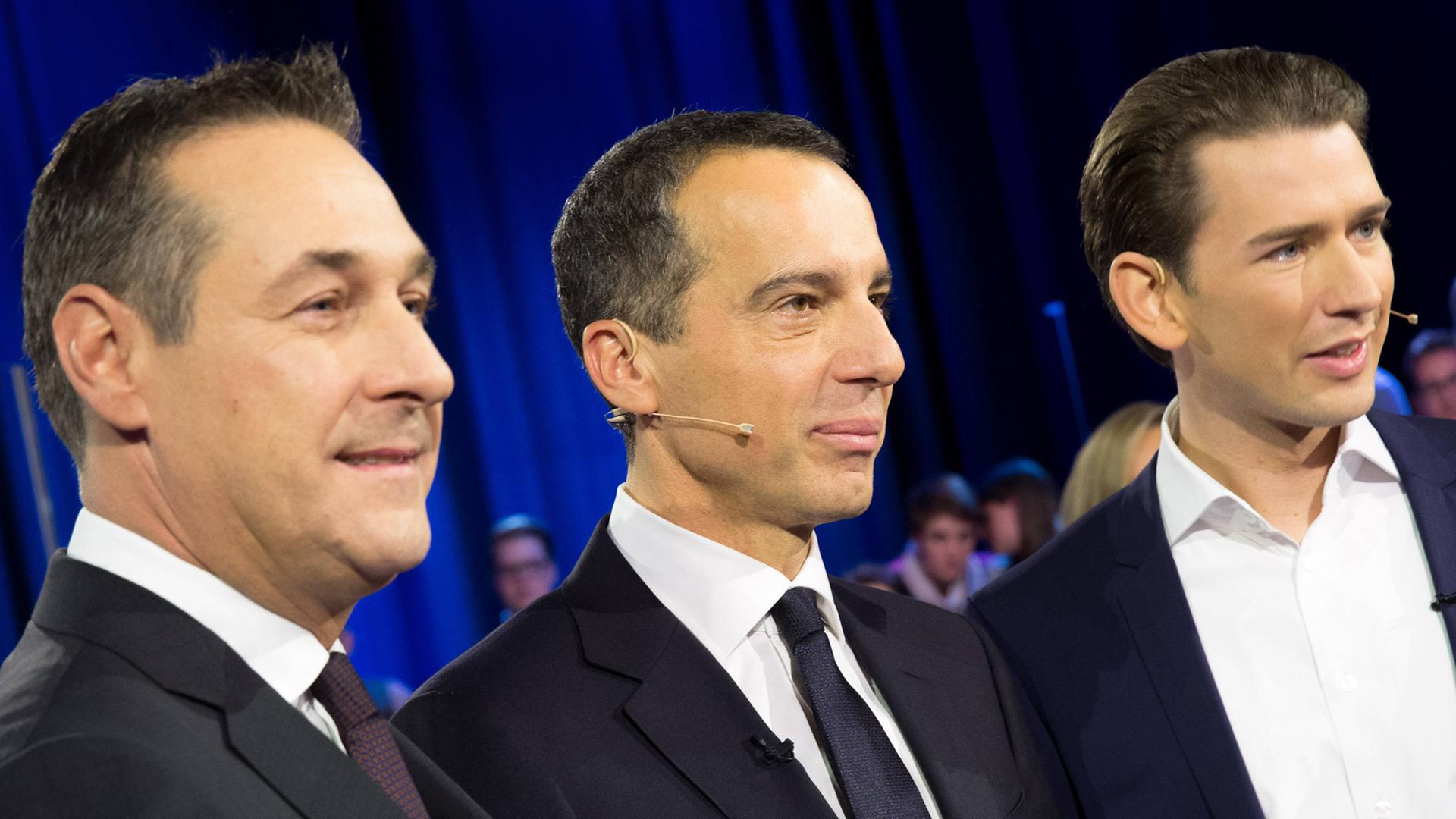 Die Spitzenkandidaten der Parteien bei der österreichischen Nationalratswahl: Heinz-Christian Strache (FPÖ), Christian Kern (SPÖ) und Sebastian Kurz (ÖVP); hier am 8. Oktober beim Privatsender Puls4
