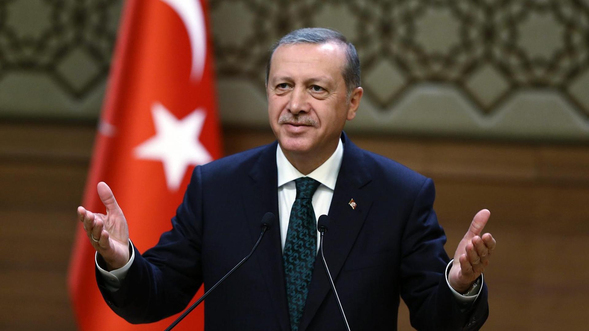 Der türkische Präsident Recep Tayyip Erdogan spricht hält eine Rede in Ankara, im Hintergrund die türkische Flagge.