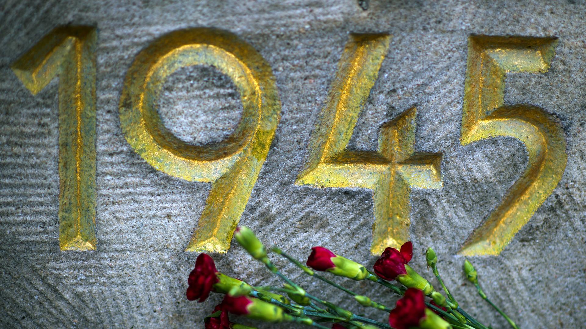 Vor der Jahreszahl "1945" auf einem Mahnmal auf dem Sowjetischen Garnisonfriedhof in Dresden (Sachsen) liegt ein Strauß roter Nelken.