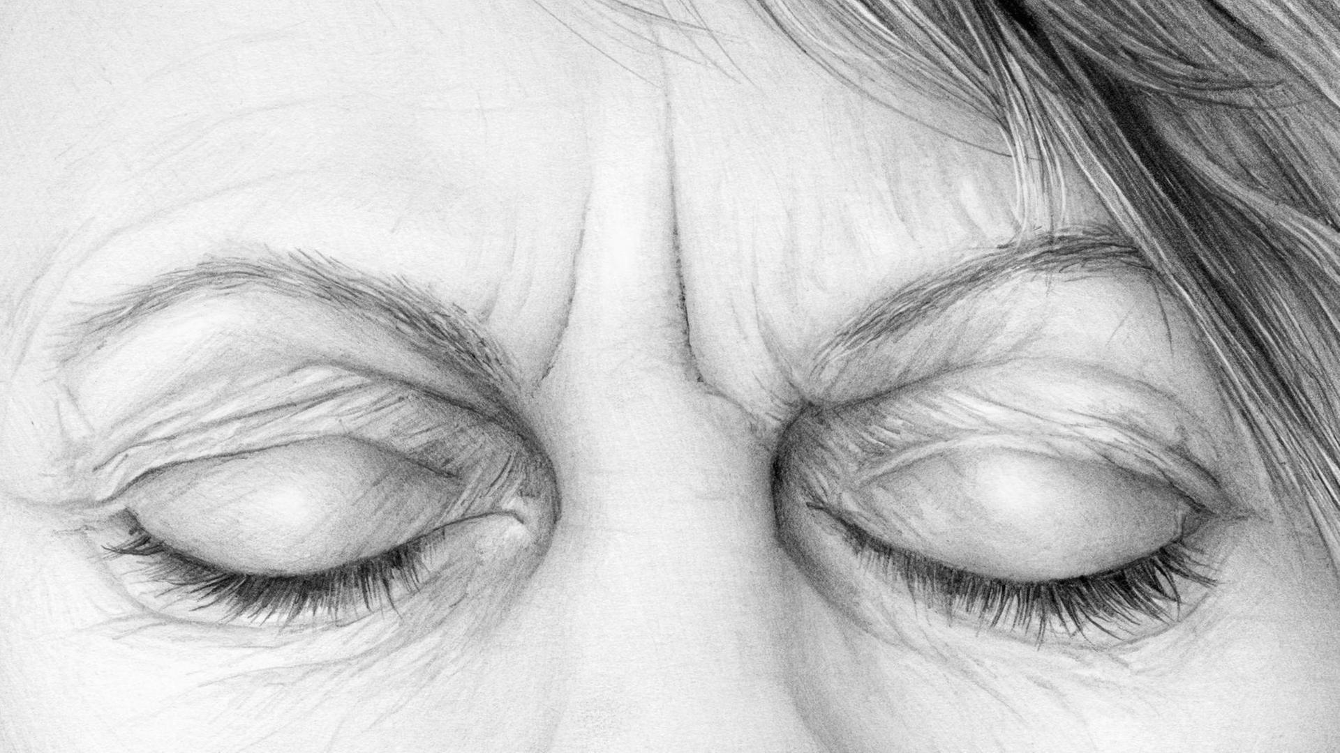De Bleistiftzeichnung einer verärgerten Frau mit geschlossenen Augen in Nahaufnahme.