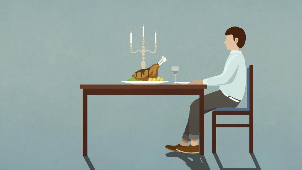 Eine Illustration zeigt einen Mann allein an einem gedeckten Tisch bei Kerzenschein.