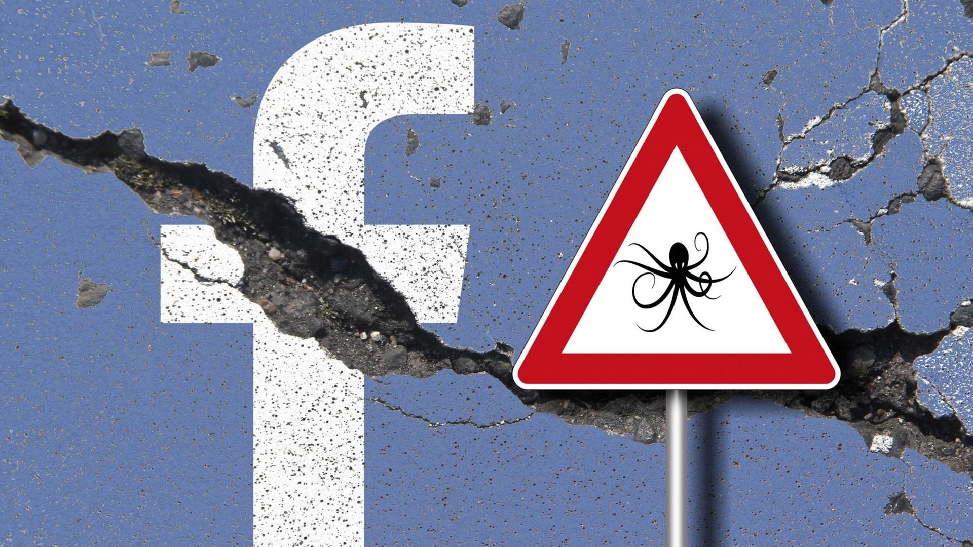 Facebook-Logo auf erodierendem Grund mit Warnschild Datenkrake
