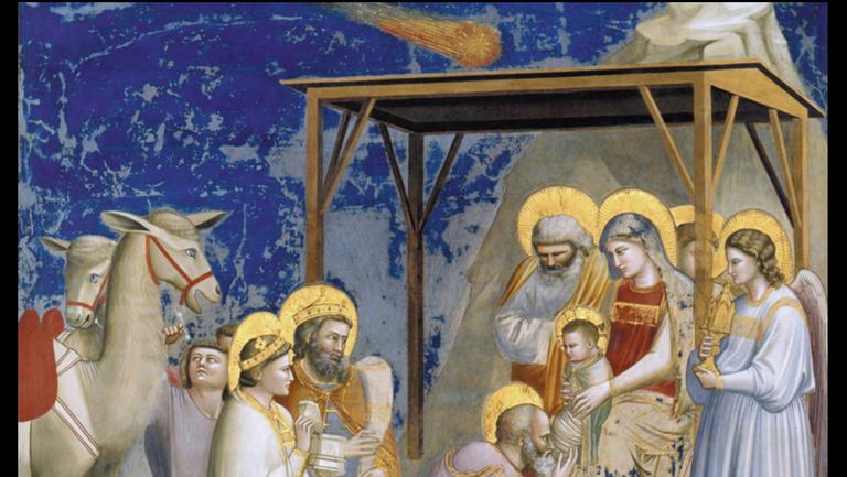 Damit fing alles an: Giotto di Bondone hat 1305 den wenige Jahre zuvor  erschienenen Kometen Halley über die Krippenszene in der Scrovegni-Kapelle in Padua gemalt