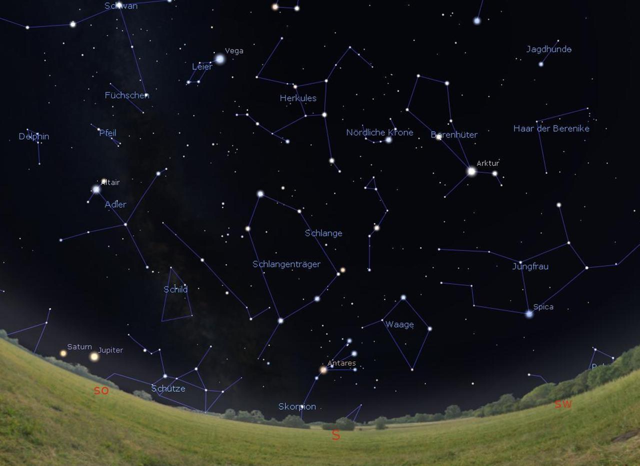 Der südliche Sternenhimmel am 1. Juni gegen 1 Uhr MESZ, zur Monatsmitte gegen Mitternacht und am 30. Juni gegen 23 Uhr