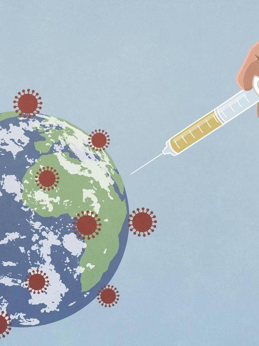 Illustration einer Weltkugel, die übersät ist mir Coronaviren und von einer Hand mit Spritze geimpft wird.