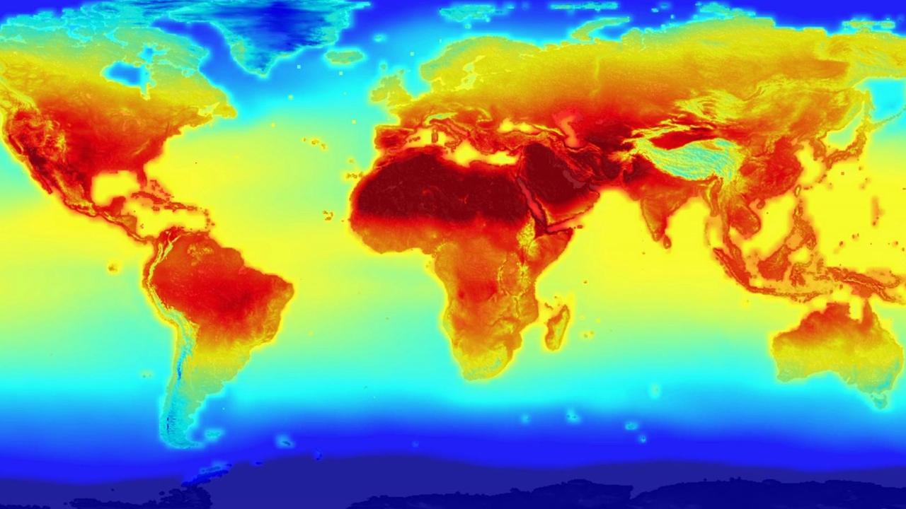 Stilisierte Weltkarte mit Klimazonen, die in unterschiedlichen Farben markiert sind.