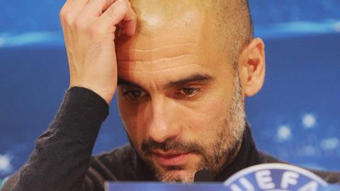 Bayern-Trainer Pep Guardiola bei der Pressekonferenz nach dem verlorenen Halbfinal-Rückspiel