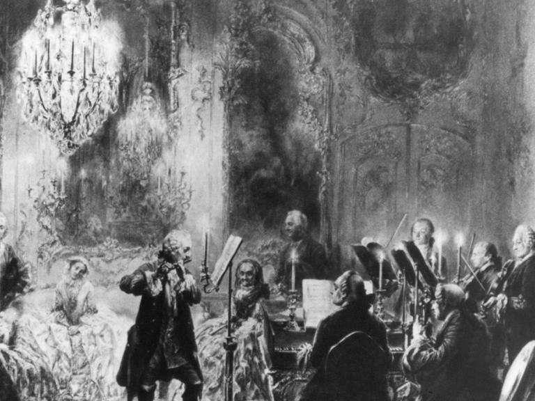 Friedrich der Große als Flötenspieler, dargestellt auf dem Gemälde "Das Flötenkonzert von Sanssousi" von Adolph Menzel.