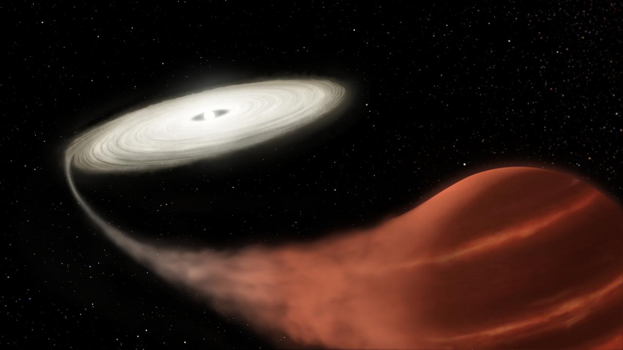 Bei einer Nova zieht ein kleiner Stern Materie aus der Hülle seines großen Begleiters ab, die schließlich explodiert (Illustration) 