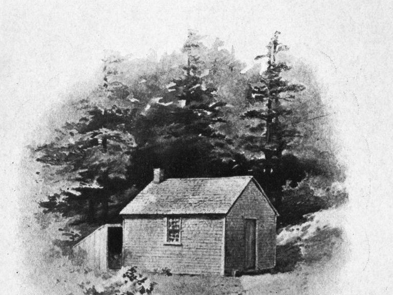 Zeichnung um 1800-1840 von Charles Phelps Cushing von der Hütte im Wald, in die sich der Schriftsteller Henry David Thoreau zurückgezogen hat.