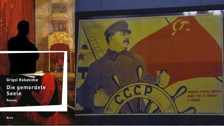 Buchcover Grigol Robakidse „Die gemordete Seele“ und im Hintrgrund eine Zeichnung mit Stalin