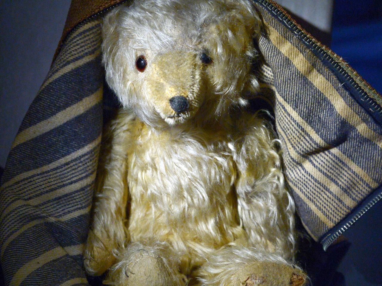 Der Teddybär "Goldbrummerle" des Schriftstellers Arno Schmidt liegt am 02.05.2014 in einer Vitrine im Bomann Museum in Celle (Niedersachsen).