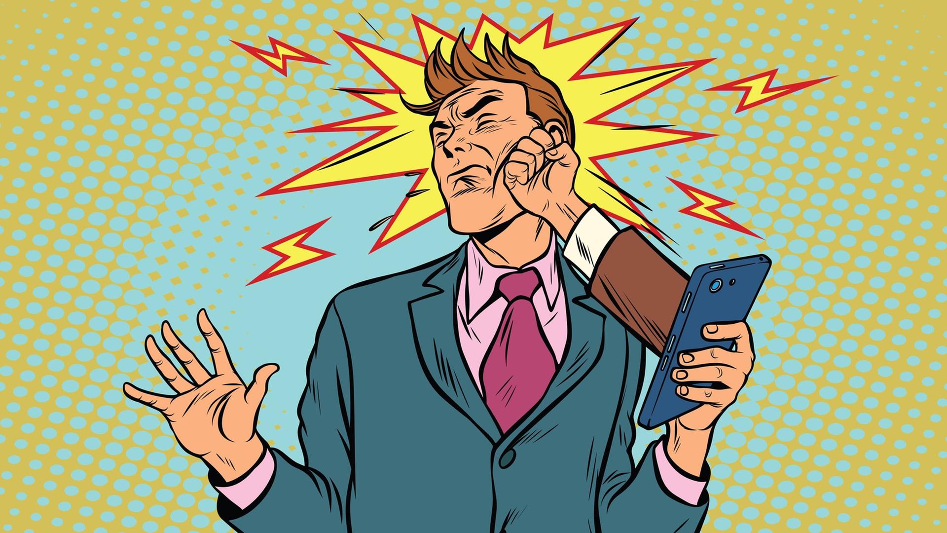 Eine Illustration zeigt einen Geschäftsmann, den ein Faustschlag aus seinem Smartphone ins Gesicht trifft.