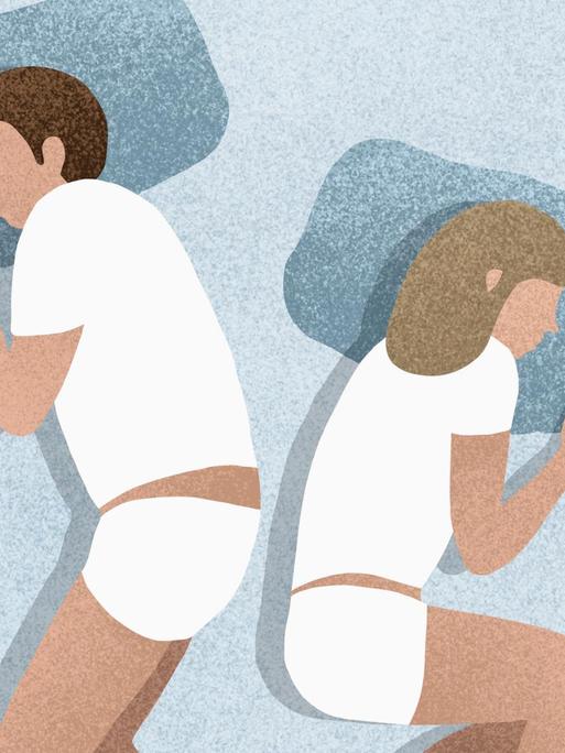 Illustration von zwei Menschen die im Bett Rücken an Rücken liegen.