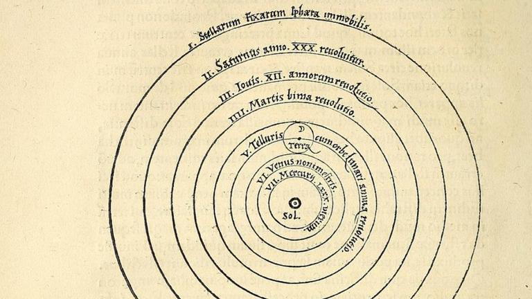 Die älteste überlieferte Darstellung unseres Sonnensystems mit der richtigen Reihenfolge der Planeten stammt aus dem Werk "De revolutionibus" von 1543