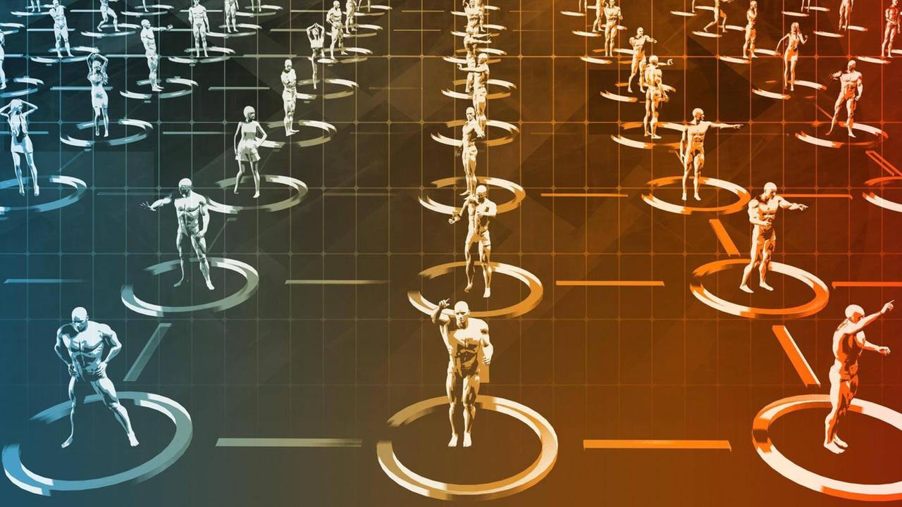 Digital animierte Figuren stehen in einem festen Muster aufgereiht.
