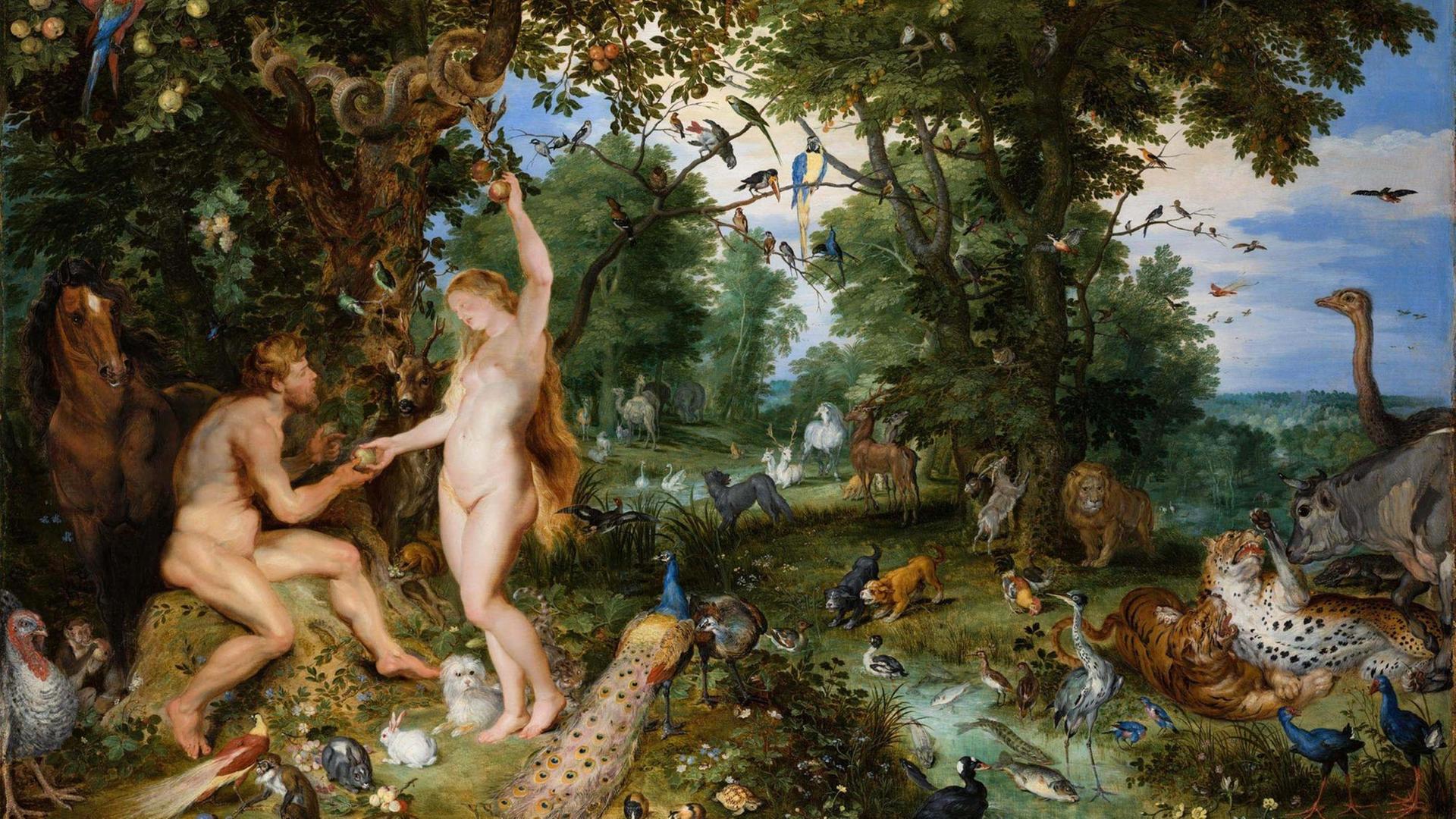 Gemälde "Der Garten Eden mit dem Sündenfall" um 1615, vom flämischen Maler Jan the Elder Brueghel.