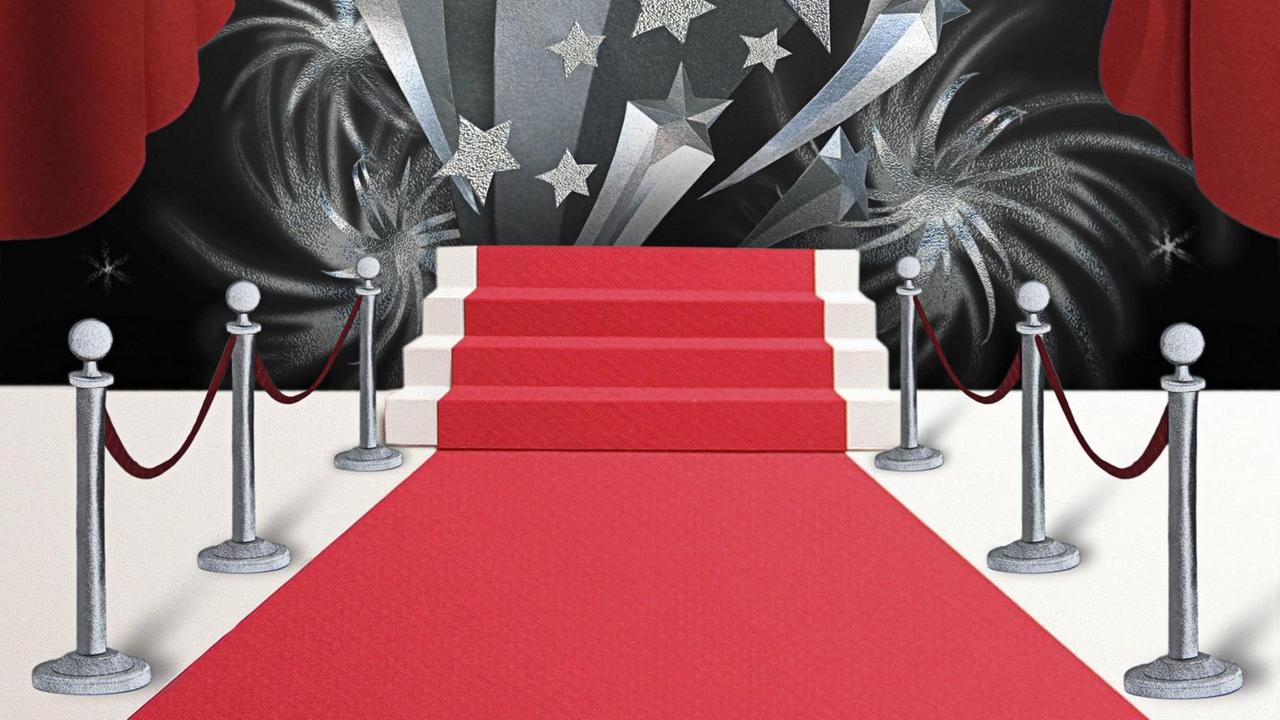 Eine Illustration eines roten Teppichs, der zu einer leerer Bühne führt. Zwischen einem roten Theatervorhang prangen viele silberne Sterne vor schwarzem Hintergrund.