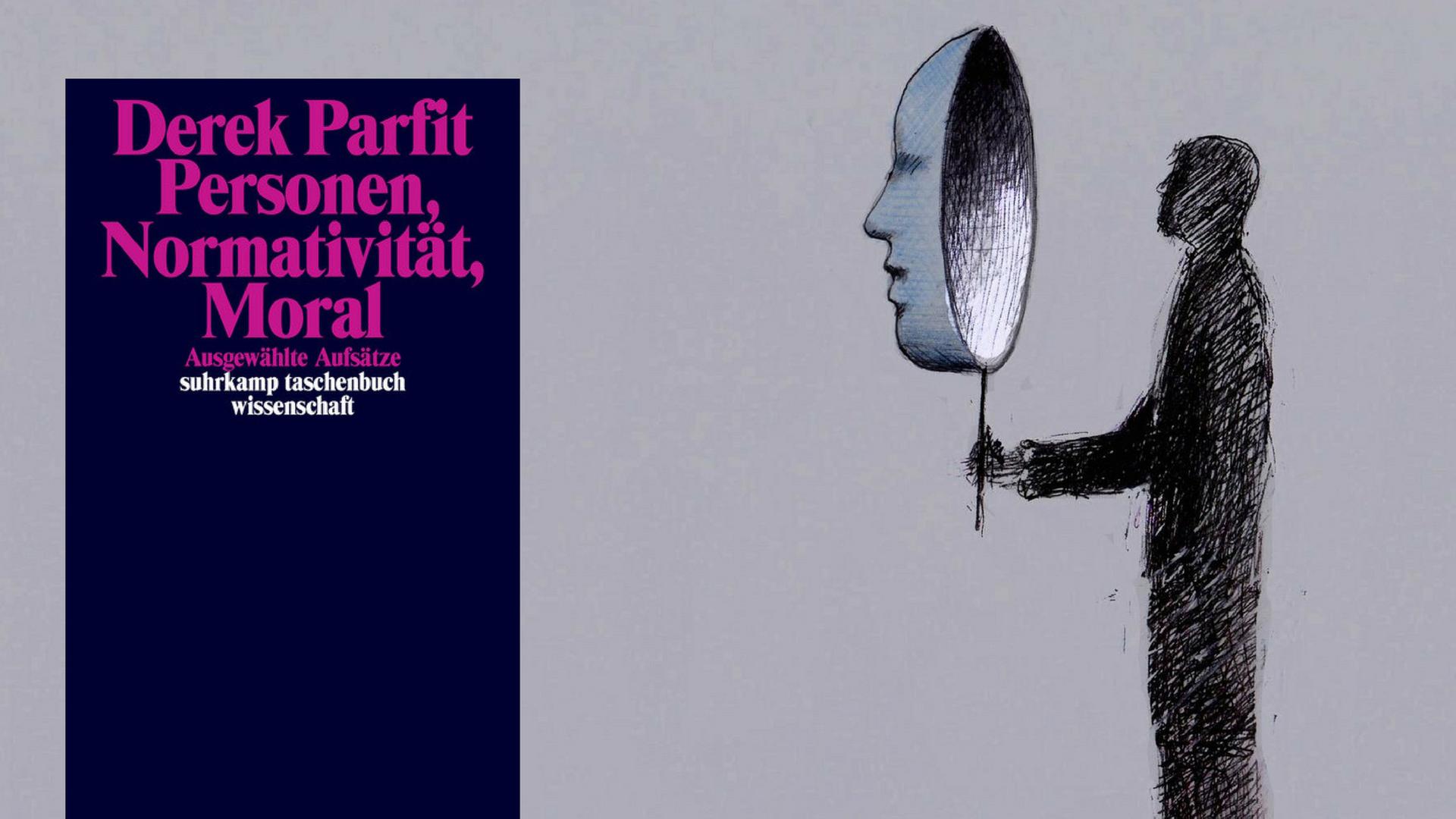 Buchcover von Derek Parfit "Personen, Normativität, Moral" - im Hintergrund die Zeichnung eines Mannes mit einer Maske.