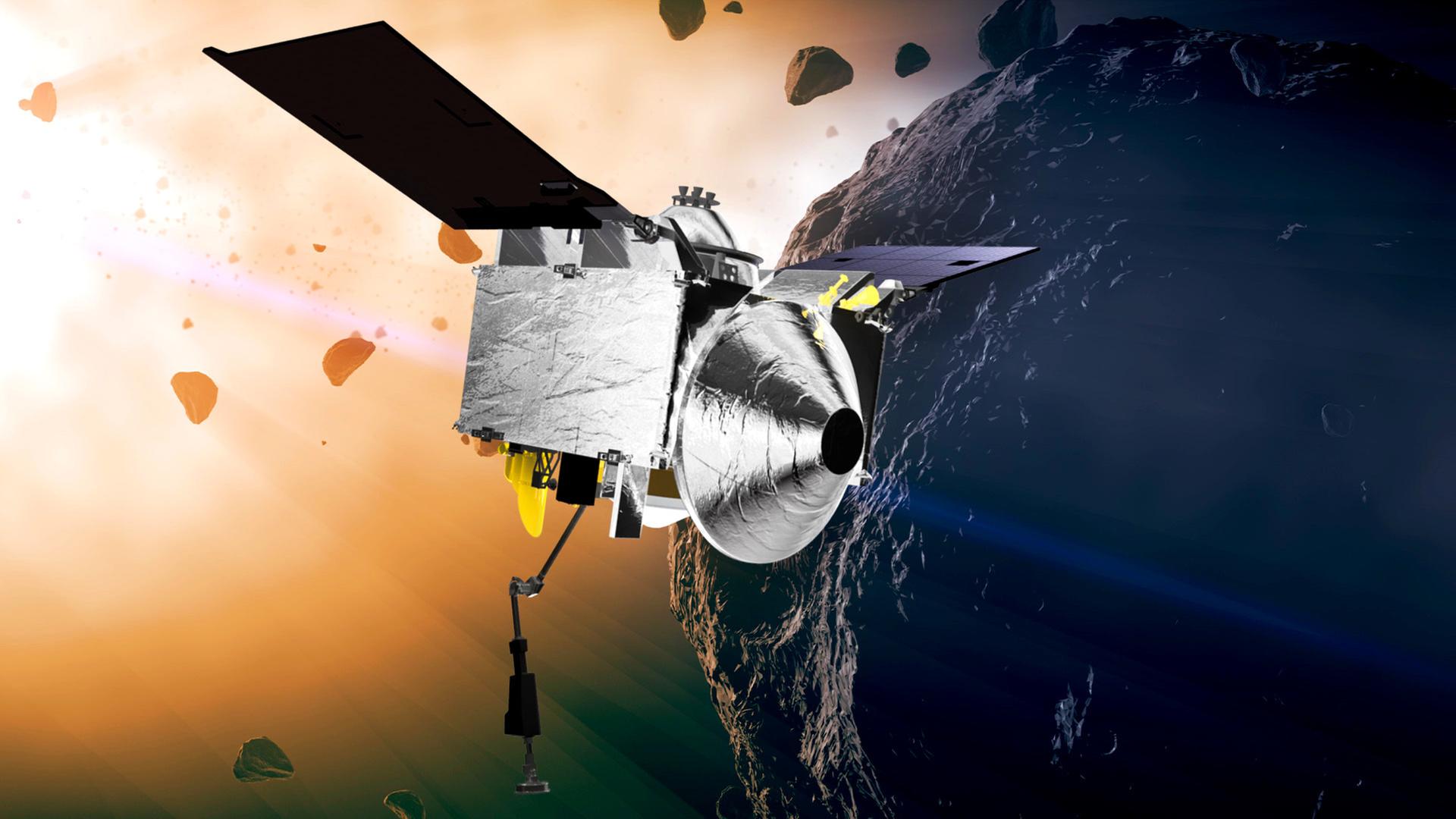 Osiris-REx und Asteroid Bennu auf einer Illustration der NASA