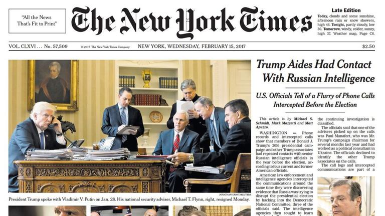 Das Titelbild der New York Times vom 15.02.2017.