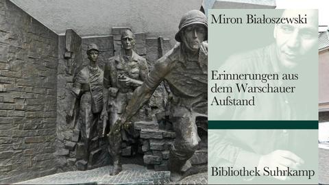 Buchcover Miron Białoszewski "Erinnerungen aus dem Warschauer Aufstand". Im Hintergrund Denkmal des Warschauer Aufstands am Krasinski Platz in Warschau am 04.07.14. Hier befand sich zur Zeit des Aufstands ein Einstiegsschacht in einen Kanal, durch den die Menschen vor den Deutschen flohen.