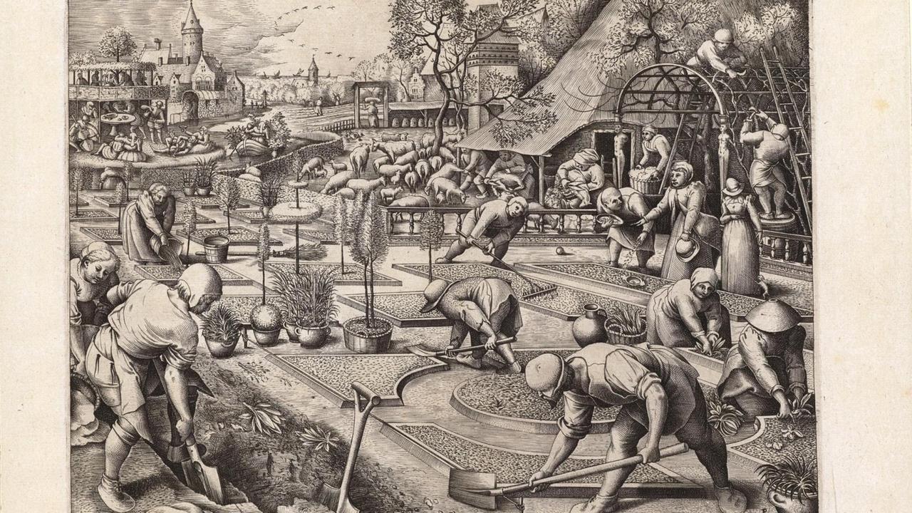 In dem Kupferstich "Tulpengärtnerei" von Pieter Bruegel d. Ä. sieht man, im Vordergrund wie Landarbeiter in den Gärten ihren Herrschaften schuften, während diese sich im Hintergrund ungeniert vergnügen.

