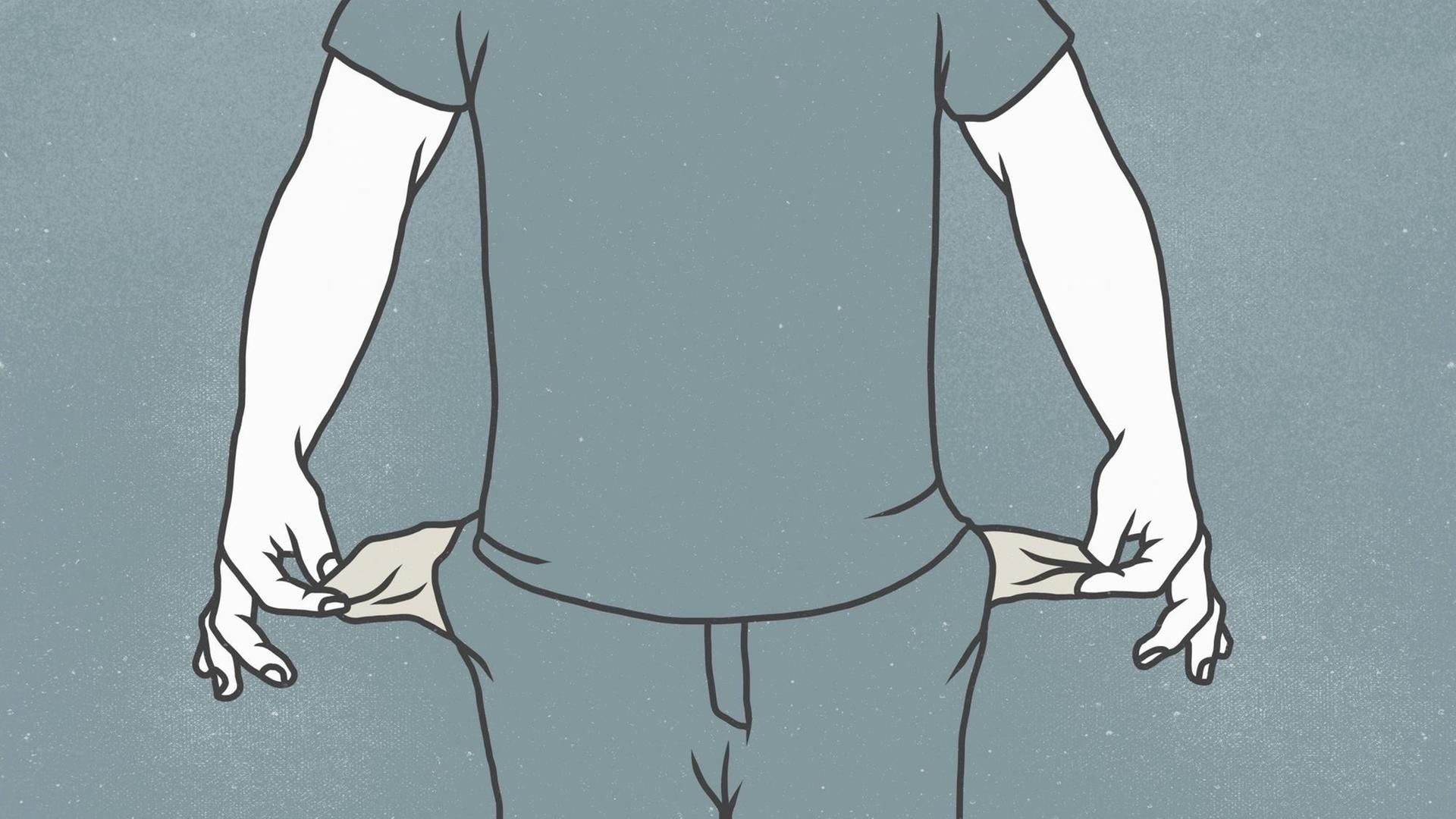 Ein Mann zeigt seine leeren Hosentaschen, Illustration.