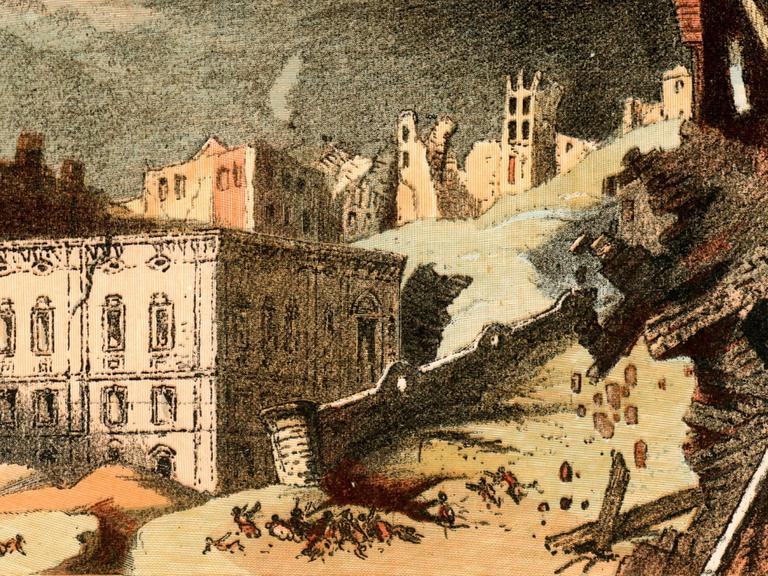 Zeichnung der Zerstörungen des großen Erdbebens von Lissabon im November 1755.