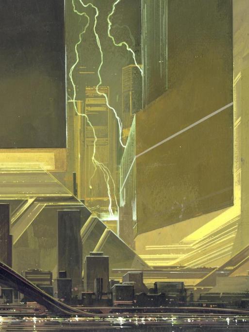 Darstellung einer futuristische Großstadt-Silhouette von Syd Mead.