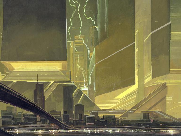 Darstellung einer futuristische Großstadt-Silhouette von Syd Mead.