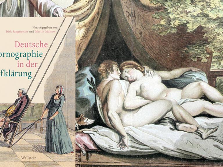Buchcover "Deutsche Pornographie in der Aufklärung" und "Das überraschte Liebespaar", handkolorierter Kupferstich von J.A. Ramberg aus dem Jahr 1799 (Ausschnitt)