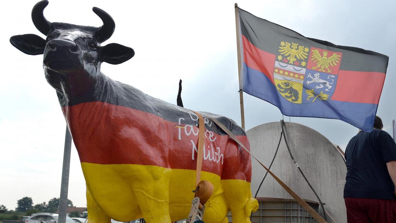 Mit einer Kuhfigur in den deutschen Nationalfarben, die auf einem Anhänger steht, protestieren Bauern in Niedersachsen gegen den Preissturz bei den Milchpreisen.