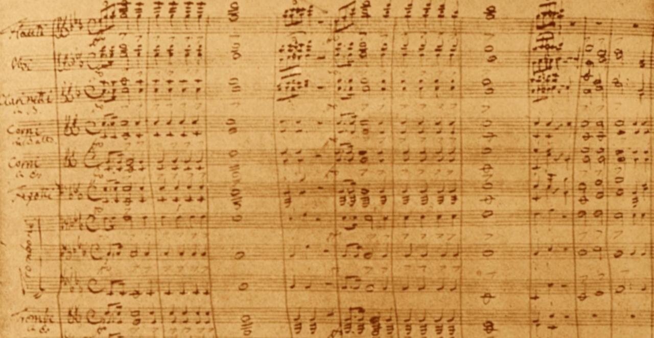 Auf einem gelblichen Notenpapier sind handschriftlich mit sauberer Schrift die Noten für unterschiedliche Instrumente mit Feder und bräunlicher Tinte aufgeschrieben.