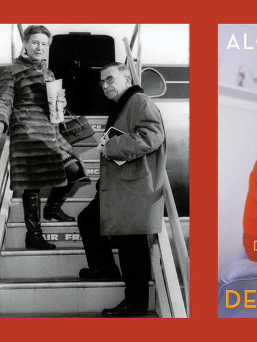 Jean-Paul Sartre und Simone de Beauvoir besteigen ein Flugzeug und das Buchcover von Alois Prinz: "Das Leben der Simone de Beauvori"