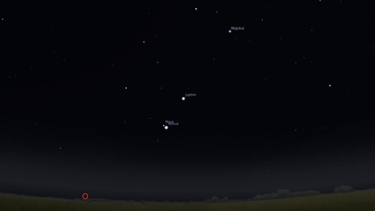 Mars und Venus morgen früh am Osthimmel – mit Jupiter und Regulus.