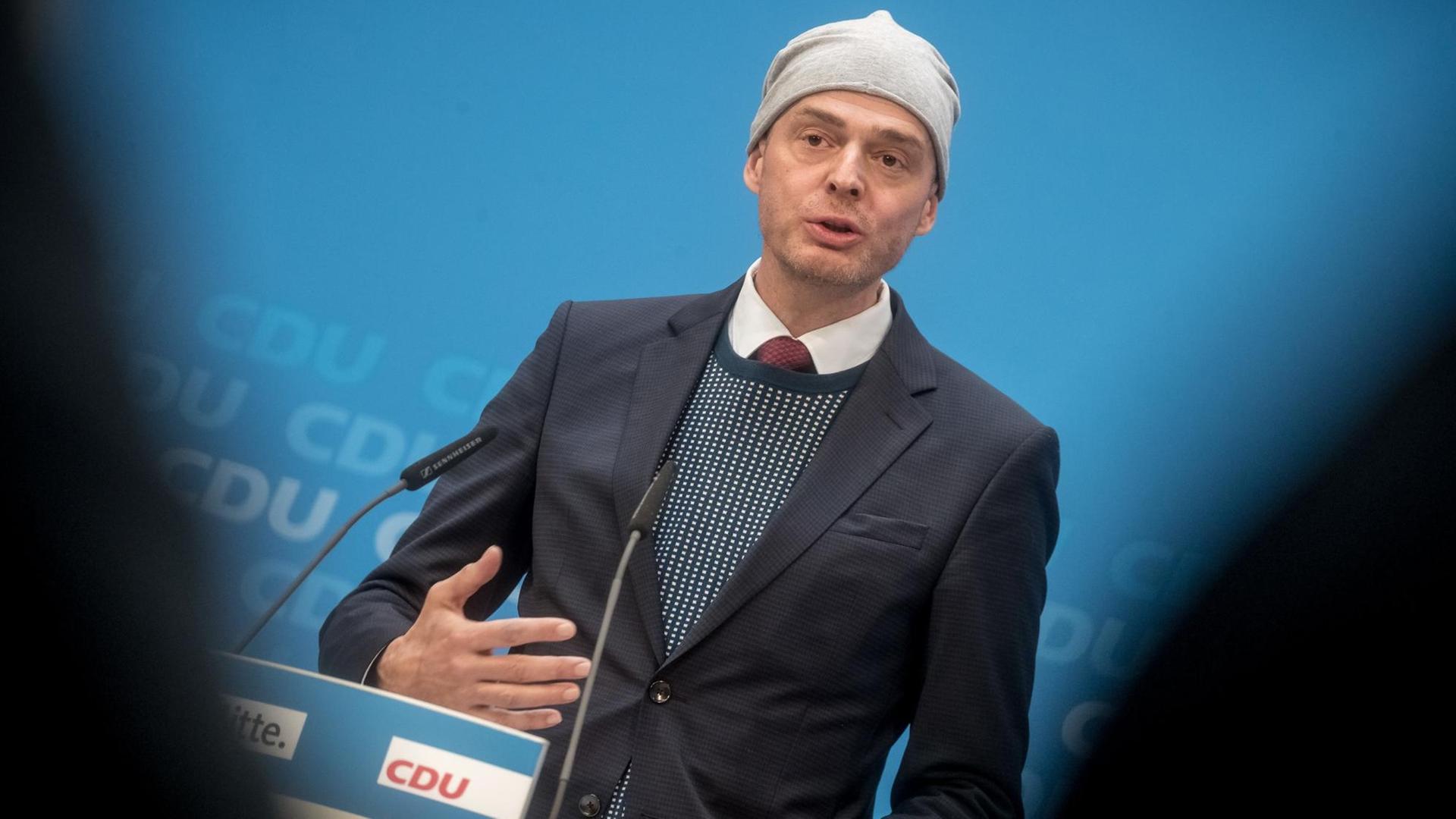 Mike Mohring, Landesvorsitzender der CDU in Thüringen spricht bei einer Pressekonferenz nach der Sitzung des CDU-Bundesvorstands