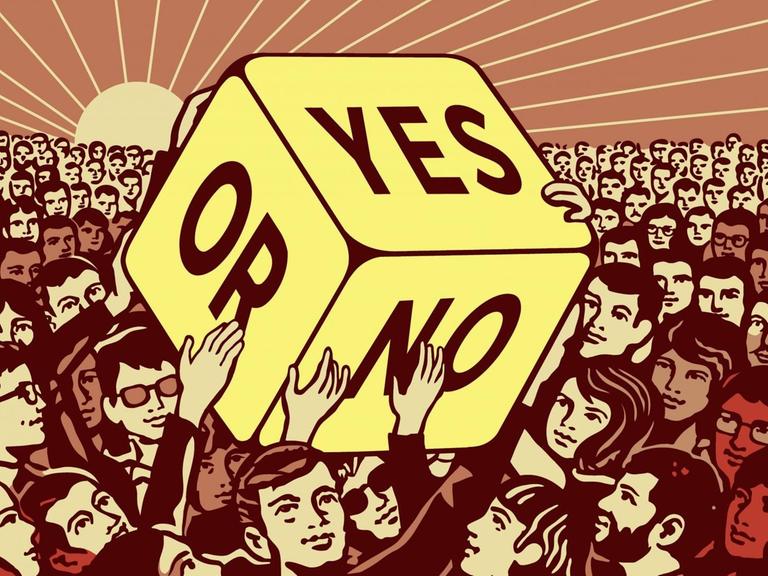 Illustration einer Menschenmenge übergibt großen Würfel mit Ja oder Nein-Entscheidung.