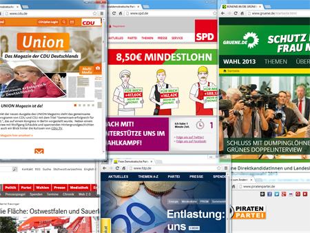 Bildschirmfoto von den Onlinewahlkampfauftritten der CDU, SPD, Grünen, Linke, FDP und Piratenpartei (im Uhrzeigersinn)