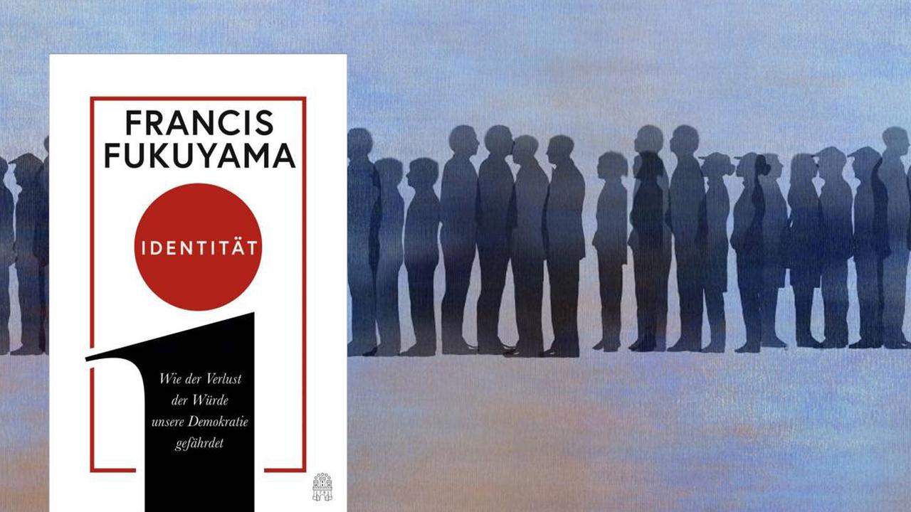 Cover von Francis Fukuyamas Buch "Identität". Im Hintergrund ist eine Illustration zu sehen, die eine Menschenmenge zeigt.