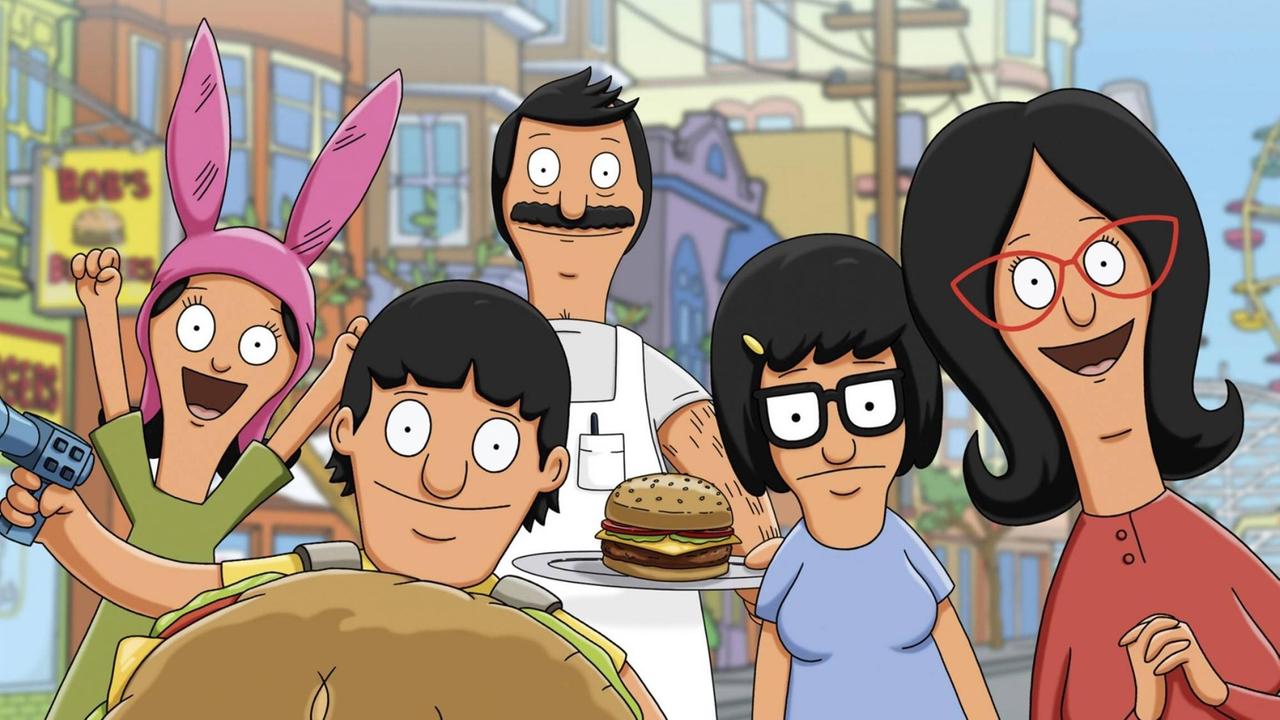 Familie Belcher von aus der Animationsserie Bob´s Burgers grinst vergnügt in die Kamera. 