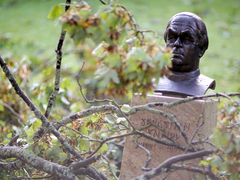 Ein Büste von Sebastian Kneipp ist im Kurpark in Bad Schwalbach (Hessen) mit Ästen von umgestürzten Bäumen verdeckt.