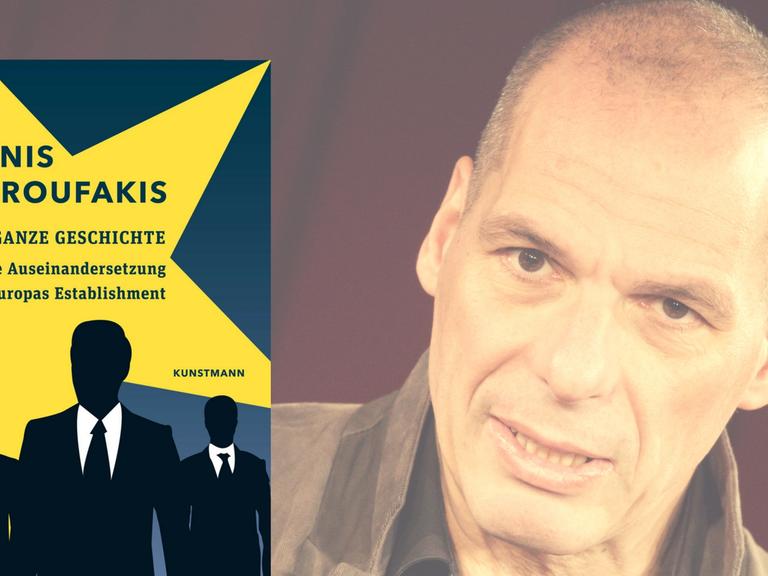 Im Vordergrund das Buchcover von Yanis Varoufakis "Die ganze Geschichte", im Hintergrund ein Porträt von Varoufakis